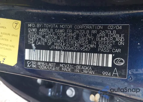 2004 Lexus Es 330 z USA, uszkodzony, nr VIN JTHBA30G640019547